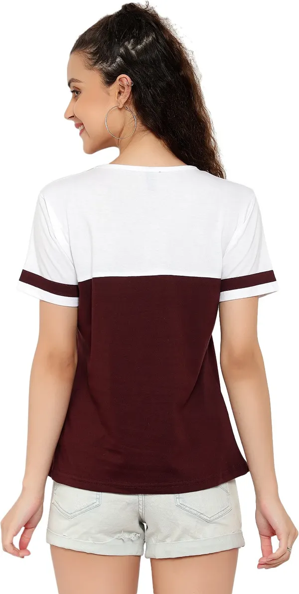 Pure_Cotton_Short_Sleeve_Colorblock_Round_Neck_Regular_T-Shirt_For_Women