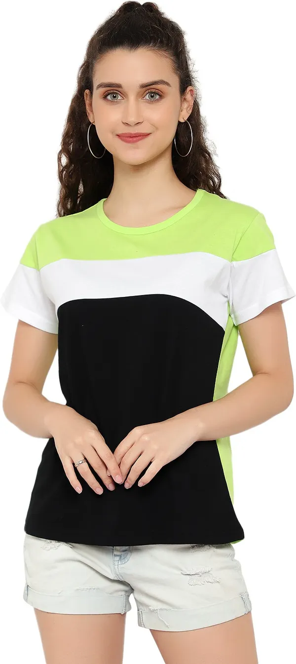 Pure_Cotton_Short_Sleeve_Colorblock_Round_Neck_Regular_T-Shirt_For_Women