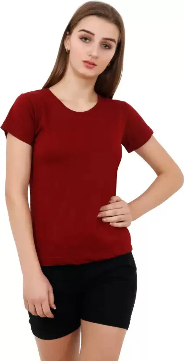 Maroon_Pure_Cotton_Short_Sleeve_Solid_Round_Neck_Regular_T-Shirt_For_Women