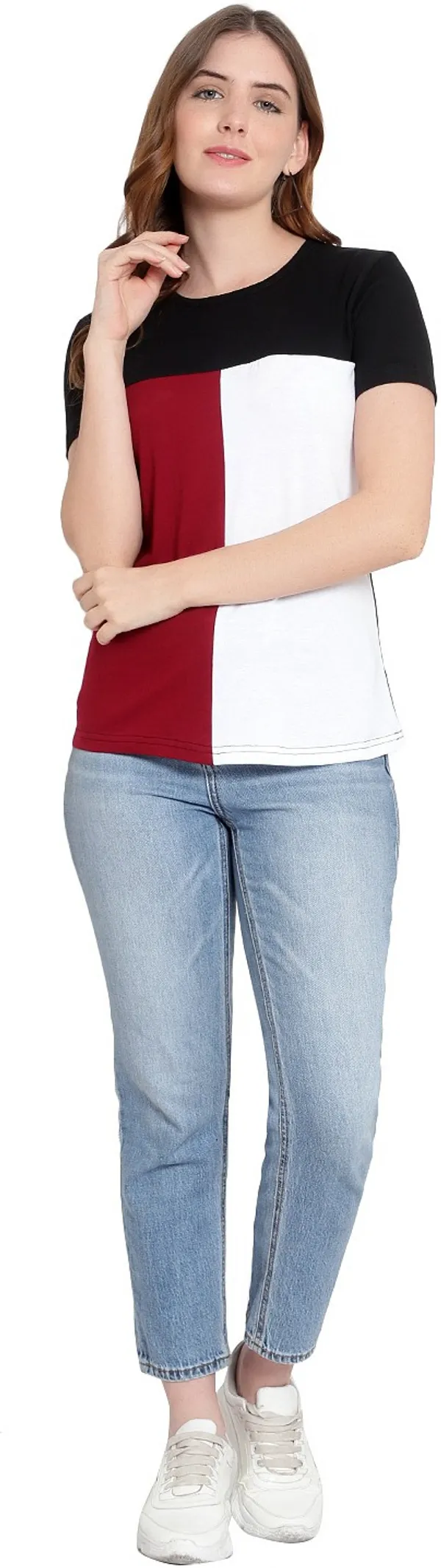 Pure_Cotton_Short_Sleeve_Colorblock_Round_Neck_Regular_T-Shirt_For_Women