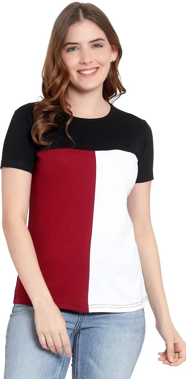 Pure_Cotton_Short_Sleeve_Colorblock_Round_Neck_Regular_T-Shirt_For_Women