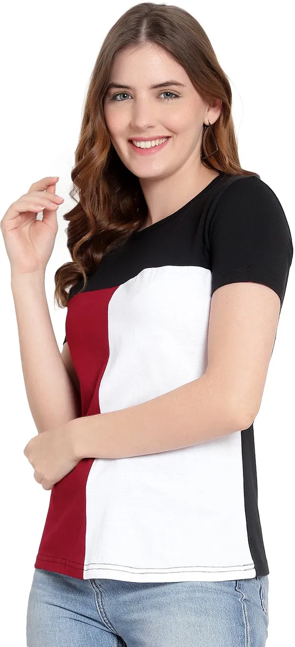 Pure_Cotton_Short_Sleeve_Colorblock_Round_Neck_Regular_T-Shirt_For_Women