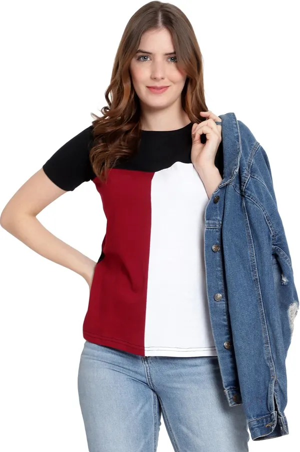 Pure_Cotton_Short_Sleeve_Colorblock_Round_Neck_Regular_T-Shirt_For_Women