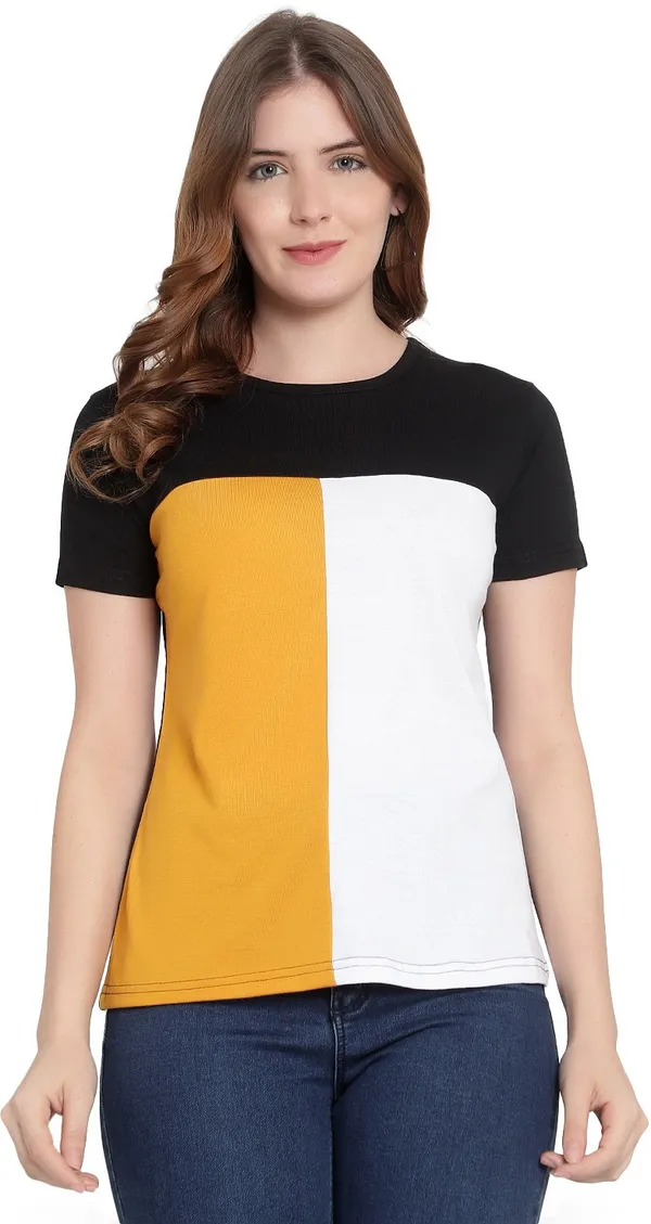 Pure_Cotton_Short_Sleeve_Colorblock_Round_Neck_Regular_T-Shirt_For_Women