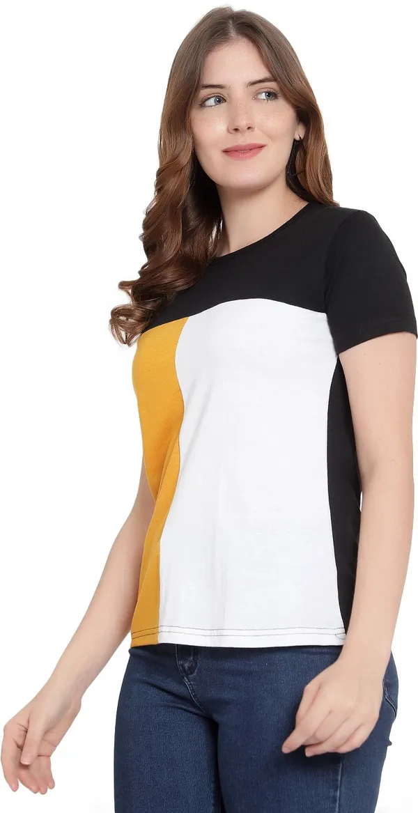 Pure_Cotton_Short_Sleeve_Colorblock_Round_Neck_Regular_T-Shirt_For_Women