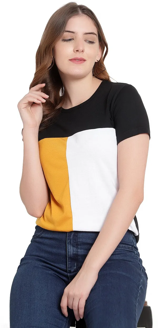 Pure_Cotton_Short_Sleeve_Colorblock_Round_Neck_Regular_T-Shirt_For_Women