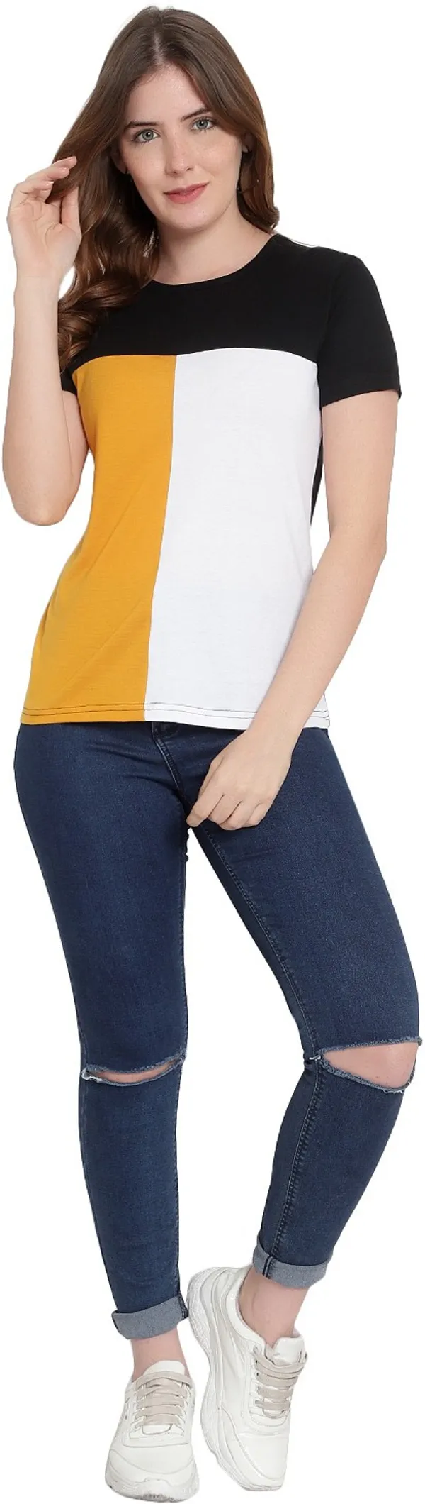 Pure_Cotton_Short_Sleeve_Colorblock_Round_Neck_Regular_T-Shirt_For_Women