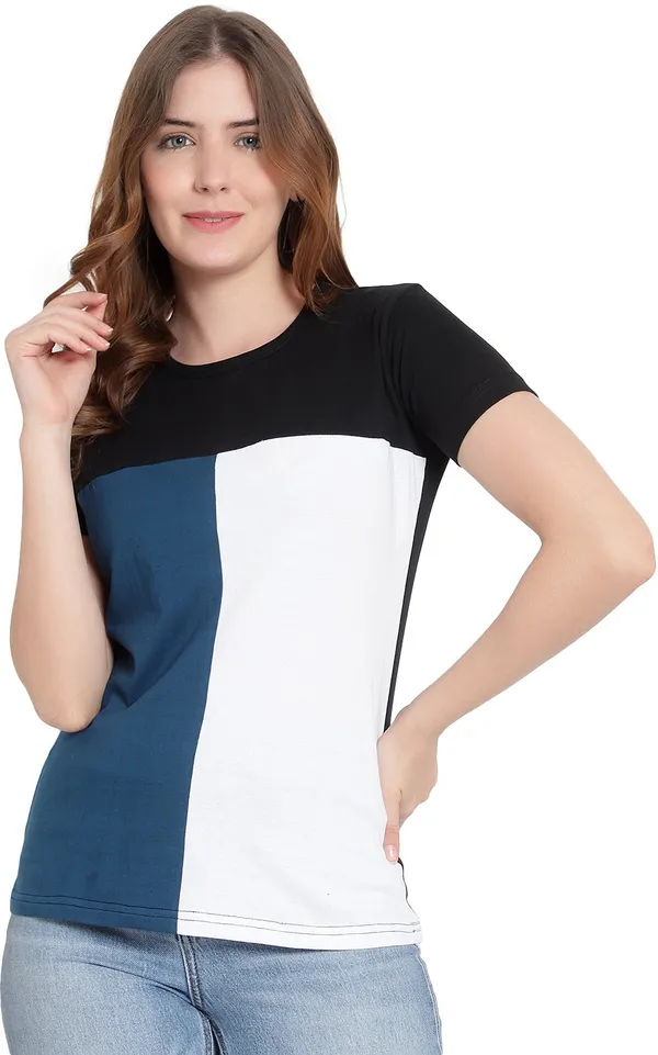 Pure_Cotton_Short_Sleeve_Colorblock_Round_Neck_Regular_T-Shirt_For_Women