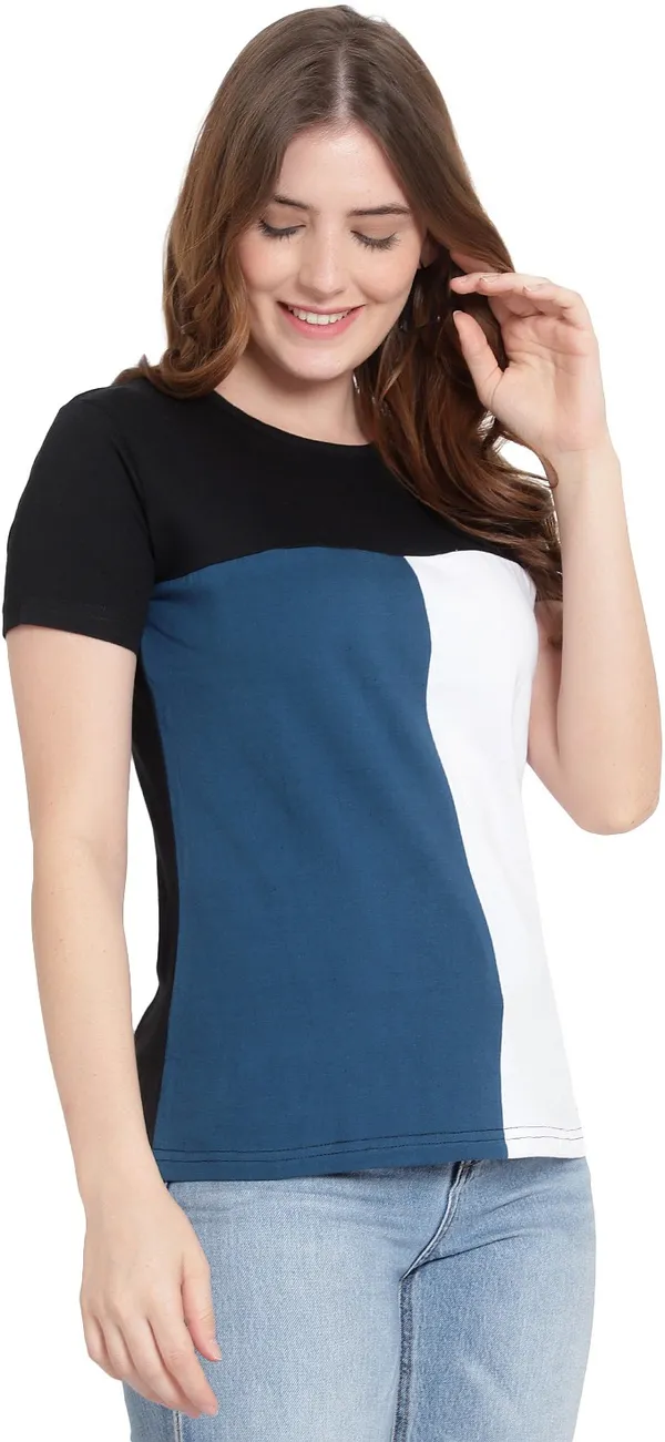 Pure_Cotton_Short_Sleeve_Colorblock_Round_Neck_Regular_T-Shirt_For_Women