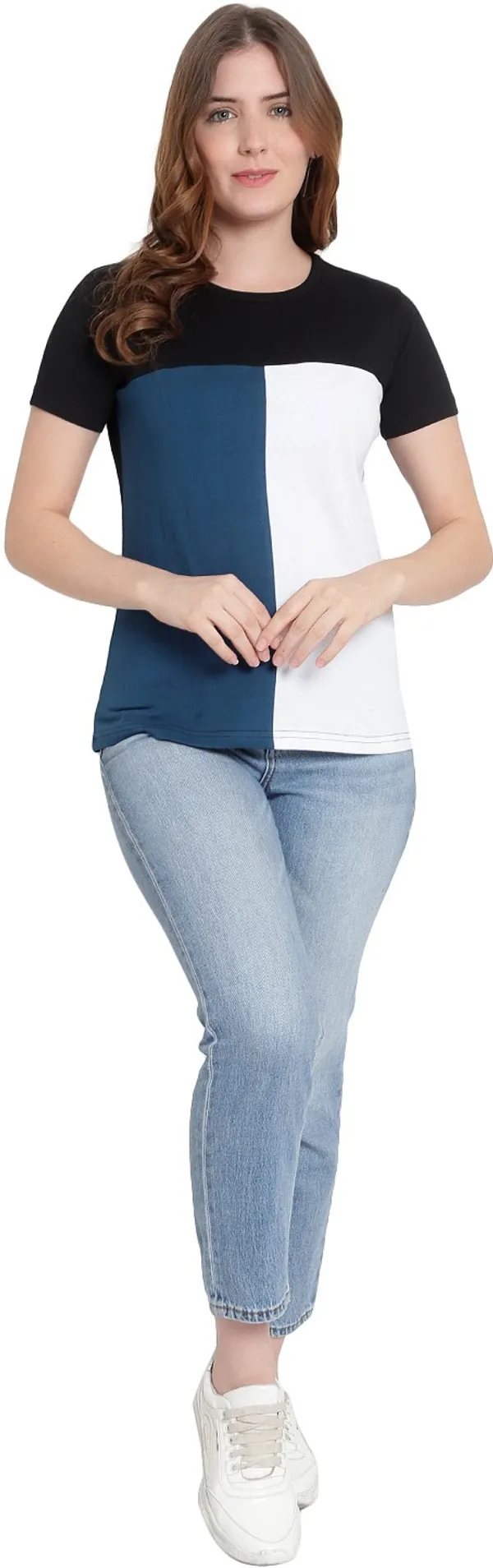 Pure_Cotton_Short_Sleeve_Colorblock_Round_Neck_Regular_T-Shirt_For_Women