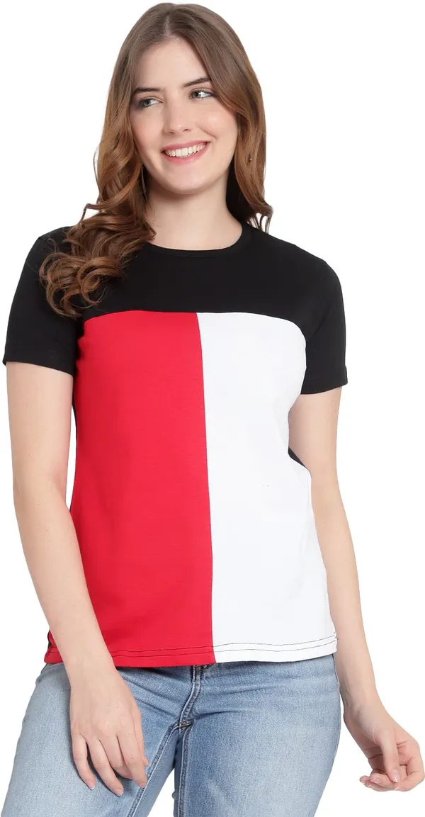 Pure_Cotton_Short_Sleeve_Colorblock_Round_Neck_Regular_T-Shirt_For_Women