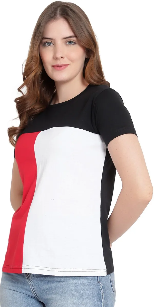 Pure_Cotton_Short_Sleeve_Colorblock_Round_Neck_Regular_T-Shirt_For_Women