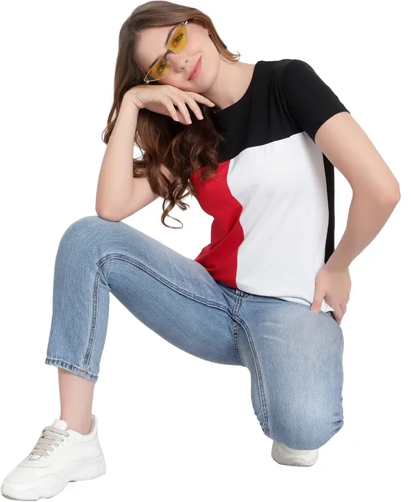 Pure_Cotton_Short_Sleeve_Colorblock_Round_Neck_Regular_T-Shirt_For_Women