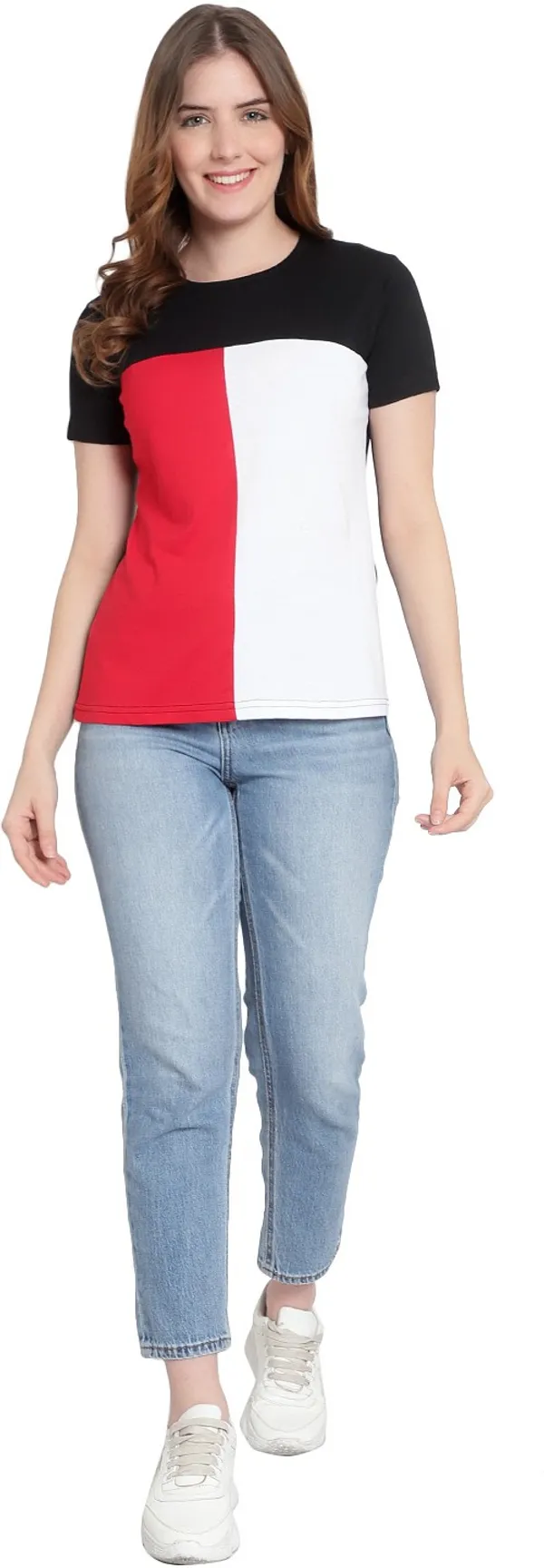 Pure_Cotton_Short_Sleeve_Colorblock_Round_Neck_Regular_T-Shirt_For_Women