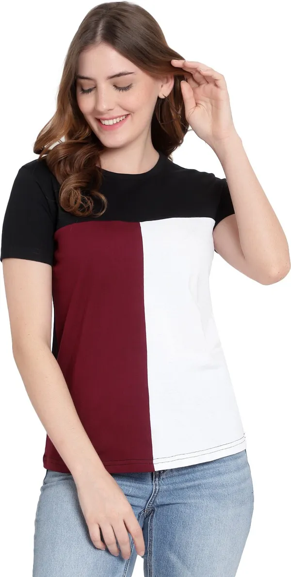 Pure_Cotton_Short_Sleeve_Colorblock_Round_Neck_Regular_T-Shirt_For_Women