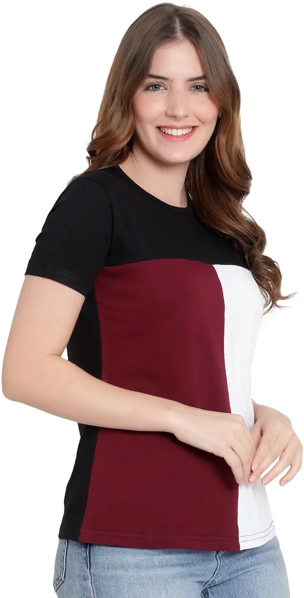 Pure_Cotton_Short_Sleeve_Colorblock_Round_Neck_Regular_T-Shirt_For_Women