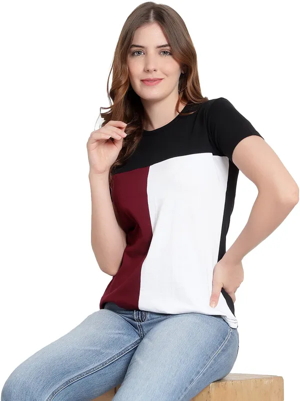Pure_Cotton_Short_Sleeve_Colorblock_Round_Neck_Regular_T-Shirt_For_Women