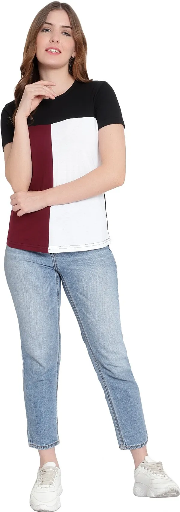 Pure_Cotton_Short_Sleeve_Colorblock_Round_Neck_Regular_T-Shirt_For_Women