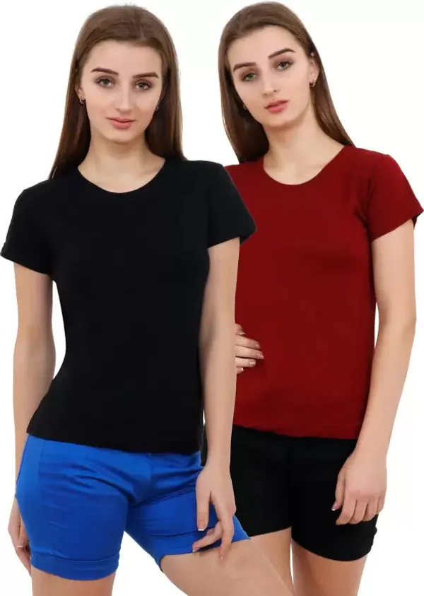 Black_&_Pink_Pure_Cotton_Half_Sleeve_Solid_Round_Neck_Regular_T-Shirt_For_Women_(pack_Of_2)