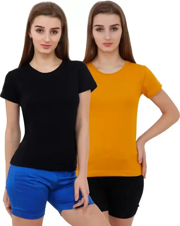Black_&_Yellow_Pure_Cotton_Half_Sleeve_Solid_Round_Neck_Regular_T-Shirt_For_Women(pack_Of_2)