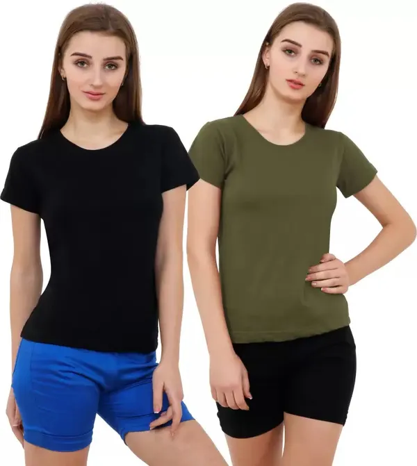 Black_&_Pink_Pure_Cotton_Half_Sleeve_Solid_Round_Neck_Regular_T-Shirt_For_Women_(Pack_of_2)