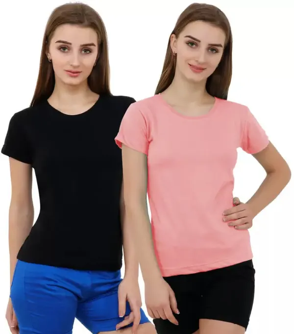 Black_&_Pink_Pure_Cotton_Half_Sleeve_Solid_Round_Neck_Regular_T-Shirt_For_Women_(pack_Of_2)