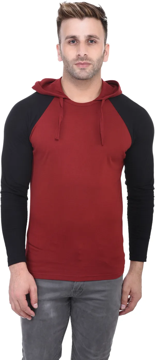 Maroon_Poly_Cotton_Full_Sleeve_Colorblock_Hooded_Neck_Regular_T-Shirt_For_Men