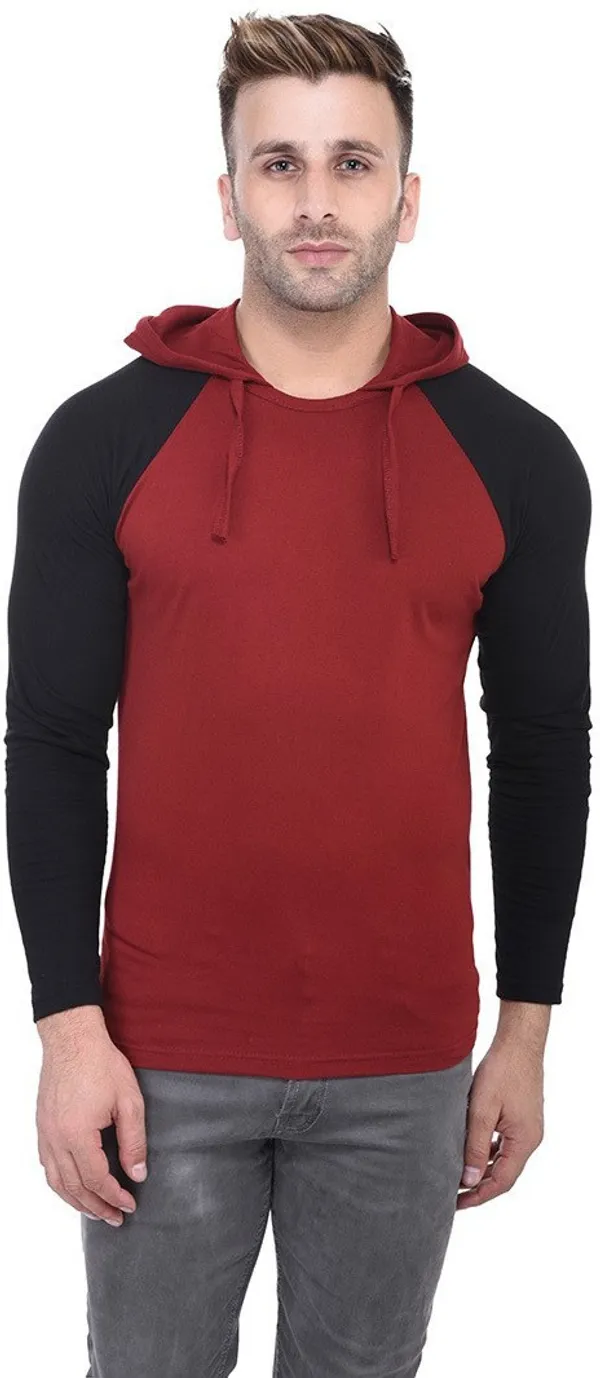 Maroon_Poly_Cotton_Full_Sleeve_Colorblock_Hooded_Neck_Regular_T-Shirt_For_Men