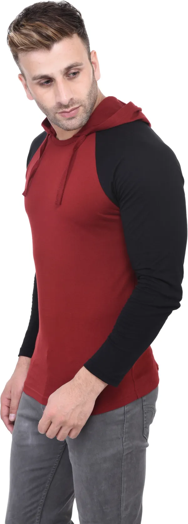 Maroon_Poly_Cotton_Full_Sleeve_Colorblock_Hooded_Neck_Regular_T-Shirt_For_Men