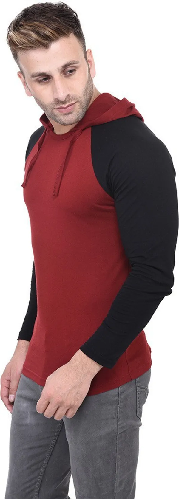 Maroon_Poly_Cotton_Full_Sleeve_Colorblock_Hooded_Neck_Regular_T-Shirt_For_Men