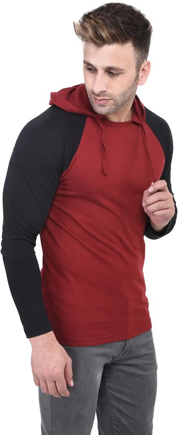 Maroon_Poly_Cotton_Full_Sleeve_Colorblock_Hooded_Neck_Regular_T-Shirt_For_Men