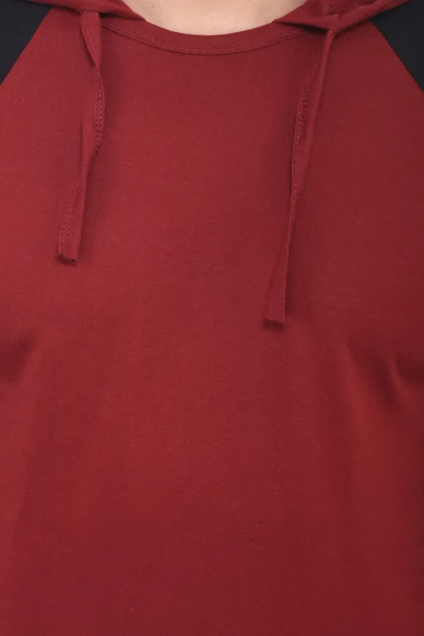 Maroon_Poly_Cotton_Full_Sleeve_Colorblock_Hooded_Neck_Regular_T-Shirt_For_Men