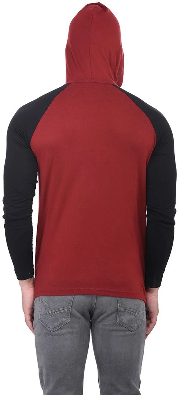 Maroon_Poly_Cotton_Full_Sleeve_Colorblock_Hooded_Neck_Regular_T-Shirt_For_Men