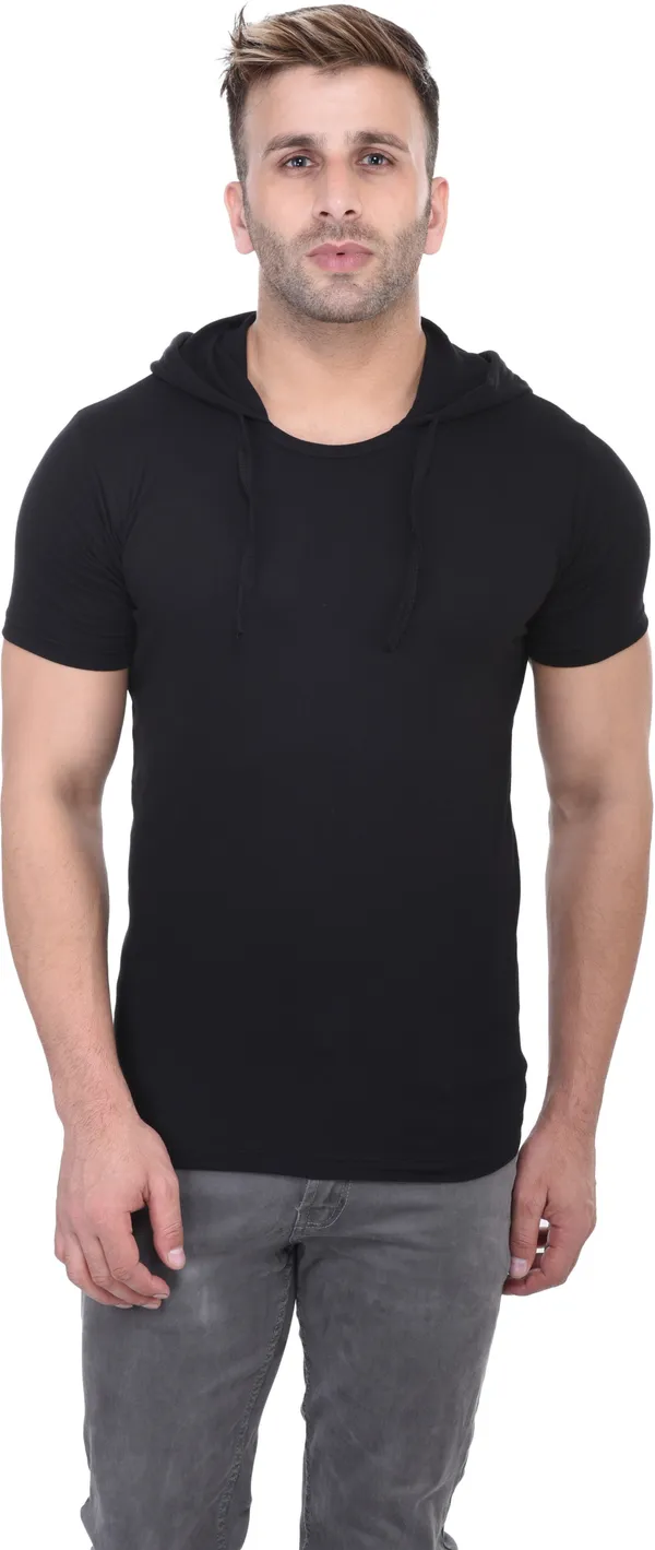 Black_Cotton_Blend_Half_Sleeve_Solid_Hooded_Neck_Regular_T-Shirt_For_Men