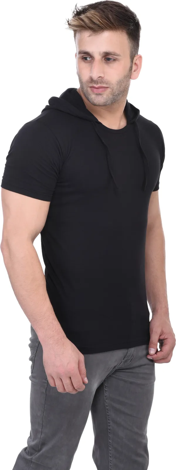 Black_Cotton_Blend_Half_Sleeve_Solid_Hooded_Neck_Regular_T-Shirt_For_Men