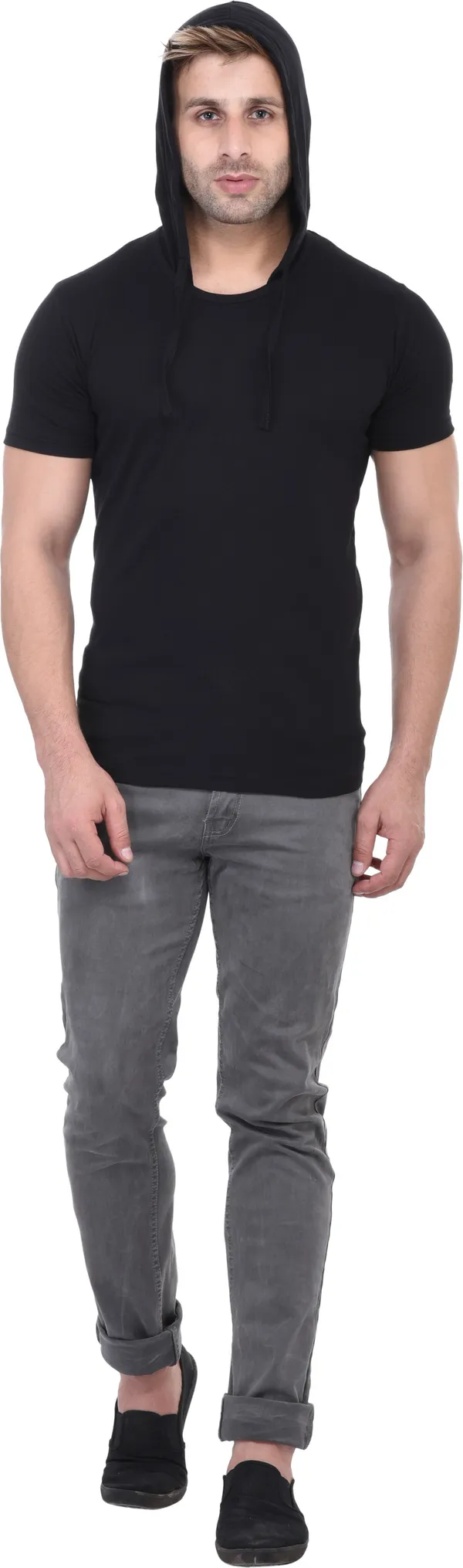 Black_Cotton_Blend_Half_Sleeve_Solid_Hooded_Neck_Regular_T-Shirt_For_Men