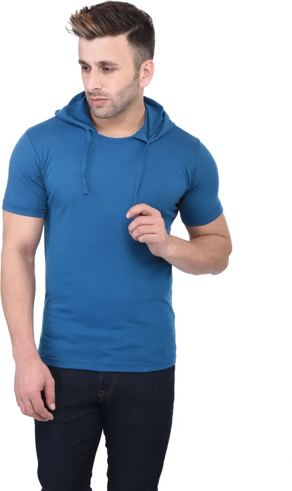 Light_Blue_Cotton_Blend_Short_Sleeve_Solid_Hooded_Neck_Slim_T-Shirt_For_Men