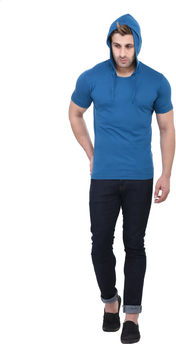 Light_Blue_Cotton_Blend_Short_Sleeve_Solid_Hooded_Neck_Slim_T-Shirt_For_Men