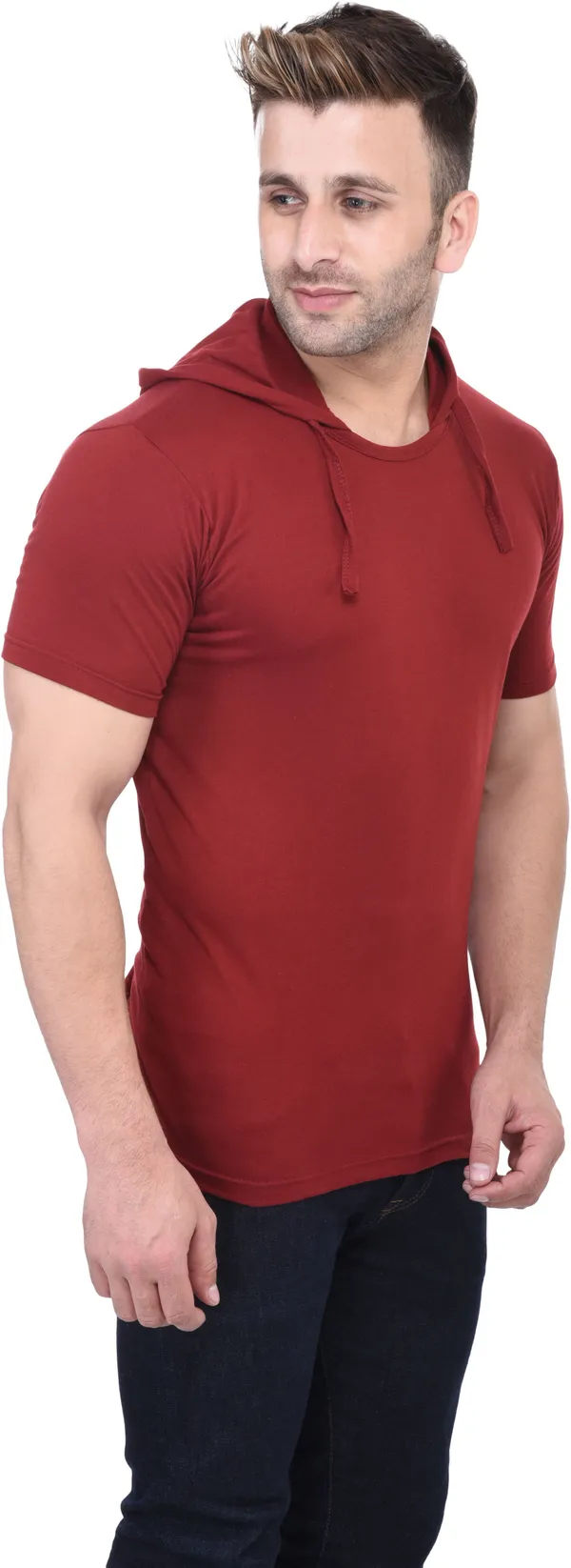 Maroon_Cotton_Blend_Half_Sleeve_Solid_Hooded_Neck_Regular_T-Shirt_For_Men