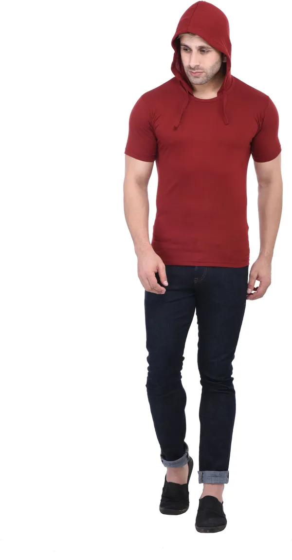 Maroon_Cotton_Blend_Half_Sleeve_Solid_Hooded_Neck_Regular_T-Shirt_For_Men