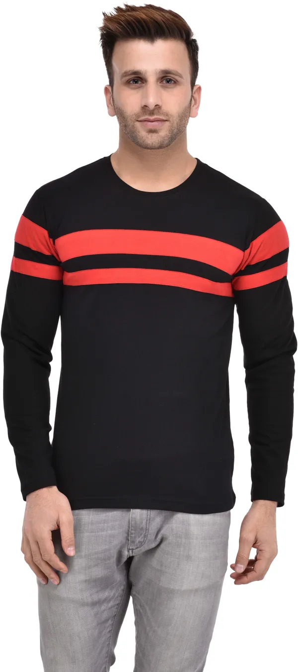 Black_Cotton_Blend_Full_Sleeve_Striped_Round_Neck_Slim_T-Shirt_For_Men