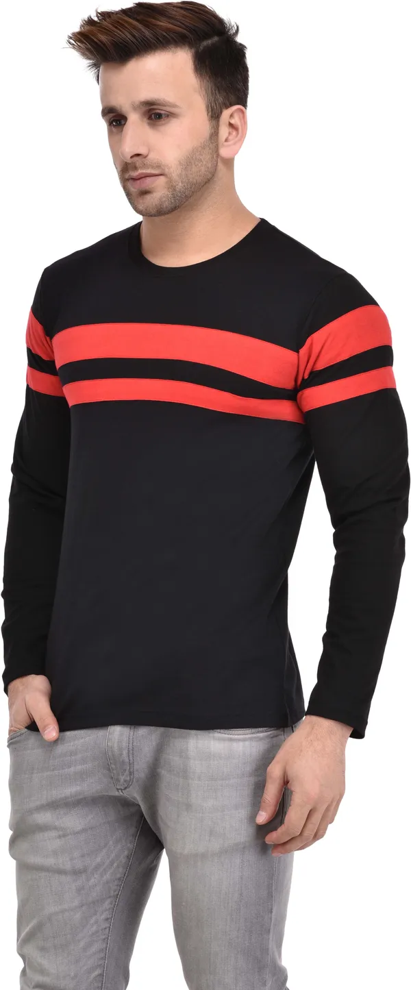 Black_Cotton_Blend_Full_Sleeve_Striped_Round_Neck_Slim_T-Shirt_For_Men