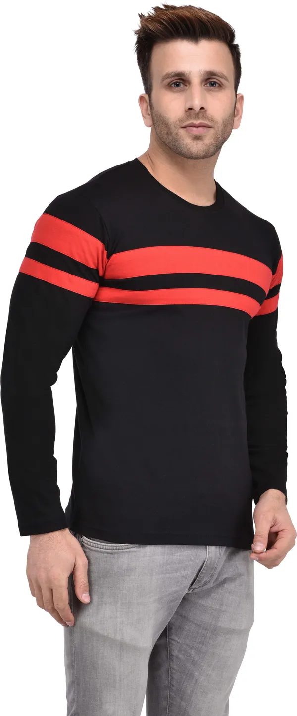 Black_Cotton_Blend_Full_Sleeve_Striped_Round_Neck_Slim_T-Shirt_For_Men