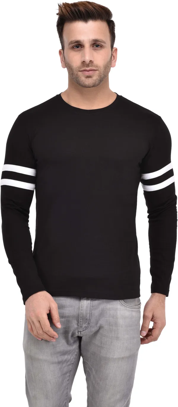 Black_Cotton_Blend_Full_Sleeve_Striped_Round_Neck_Slim_T-Shirt_For_Men