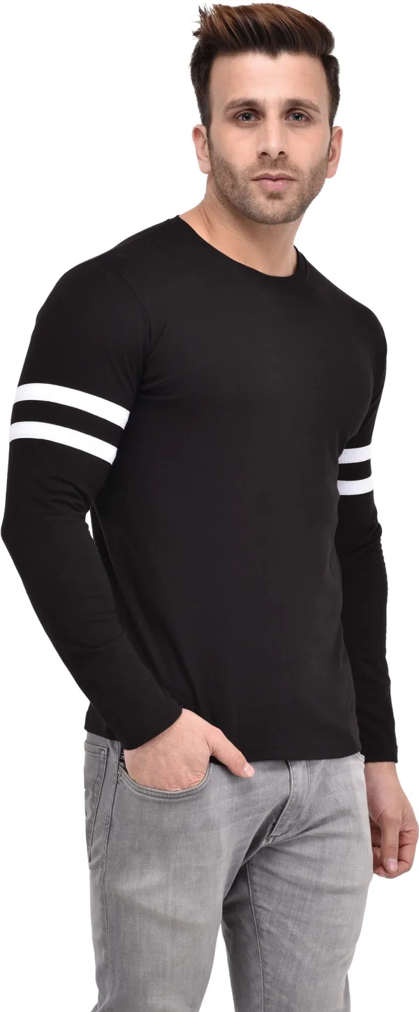 Black_Cotton_Blend_Full_Sleeve_Striped_Round_Neck_Slim_T-Shirt_For_Men