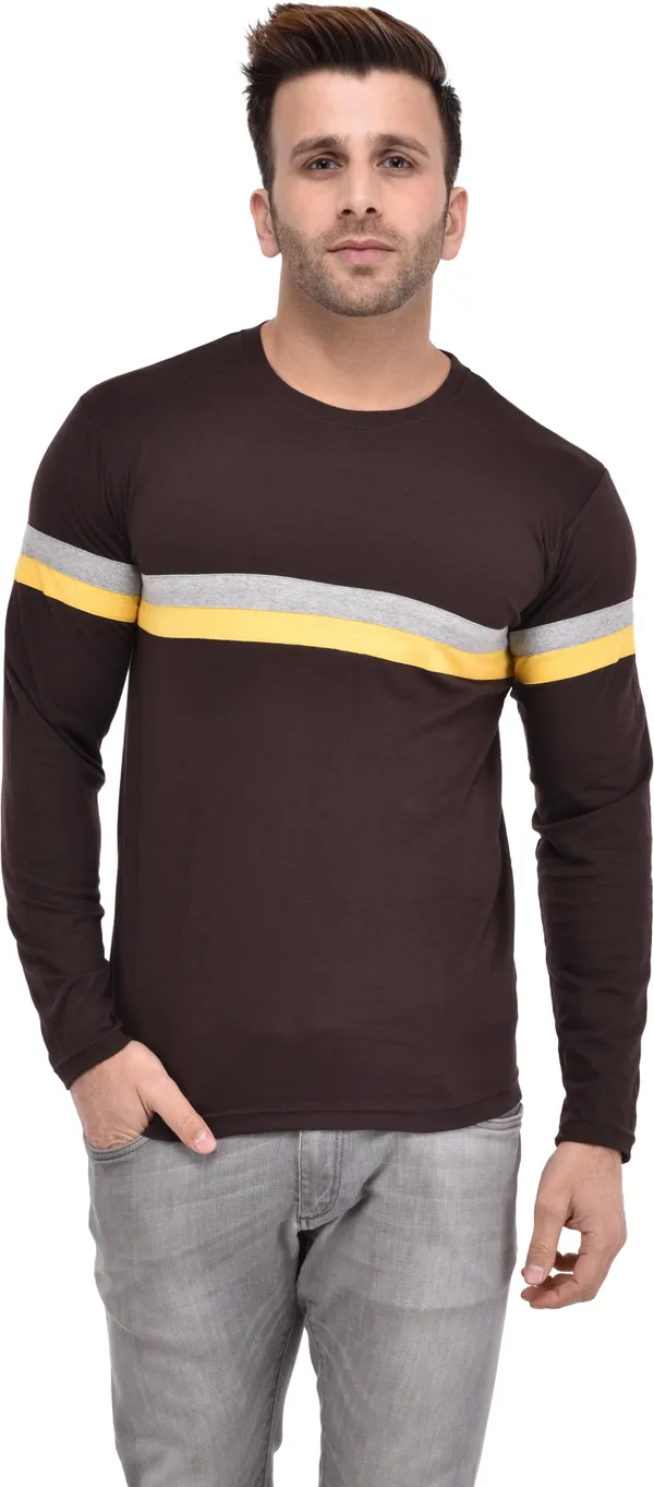 Brown_Cotton_Blend_Full_Sleeve_Striped_Round_Neck_Slim_T-Shirt_For_Men