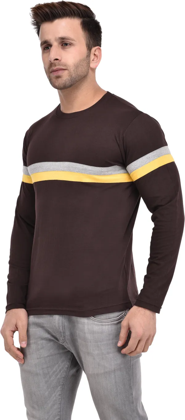 Brown_Cotton_Blend_Full_Sleeve_Striped_Round_Neck_Slim_T-Shirt_For_Men