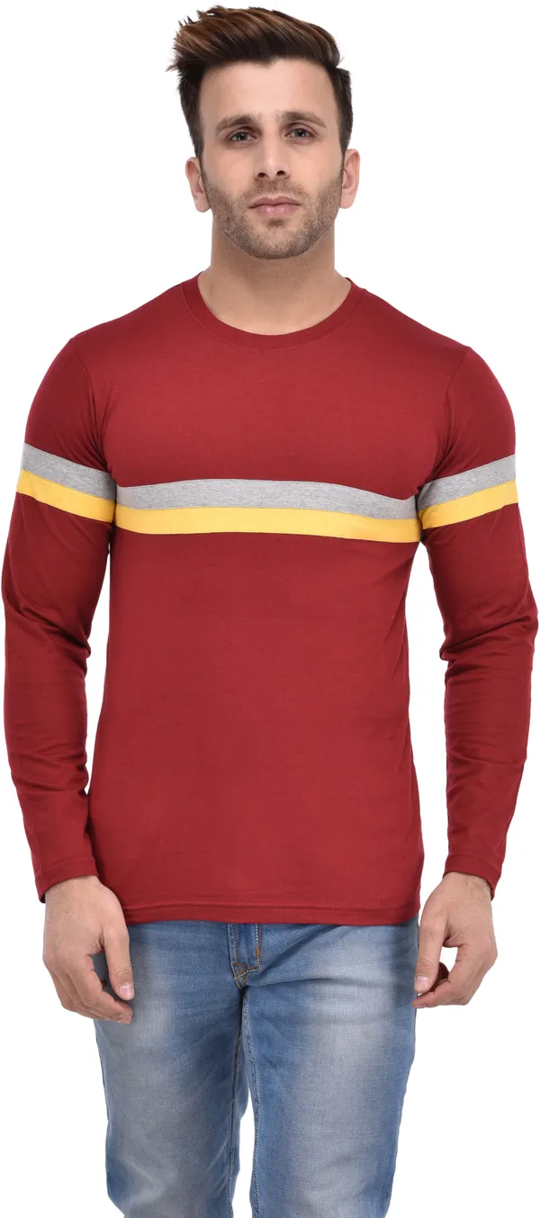 Maroon_Cotton_Blend_Full_Sleeve_Striped_Round_Neck_Slim_T-Shirt_For_Men