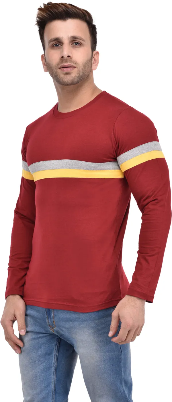 Maroon_Cotton_Blend_Full_Sleeve_Striped_Round_Neck_Slim_T-Shirt_For_Men
