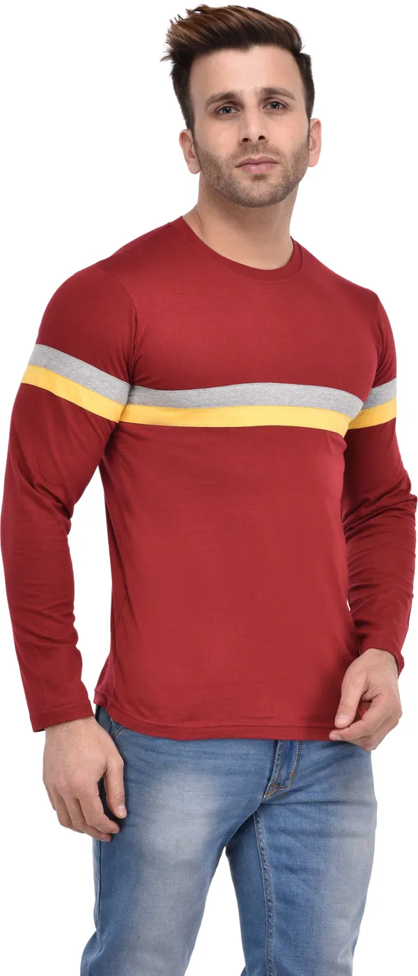 Maroon_Cotton_Blend_Full_Sleeve_Striped_Round_Neck_Slim_T-Shirt_For_Men